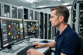 Ingénieur réseau travaillant sur une architecture NFV et VNF dans une salle de serveurs moderne