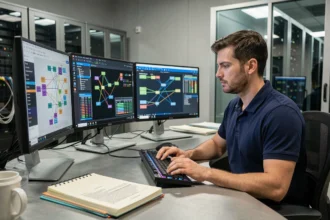 Ingénieur réseau analysant des protocoles de routage sur plusieurs écrans dans une salle d'opérations professionnelle