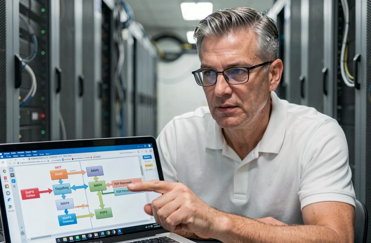 Ingénieur réseau expliquant le fonctionnement des protocoles de messagerie SMTP, IMAP4 et POP3 devant un ordinateur portable en salle serveur
