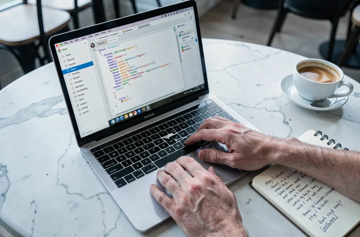Gros plan des mains d'un développeur inspectant le code source HTML d'un site web via les outils de développement Chrome