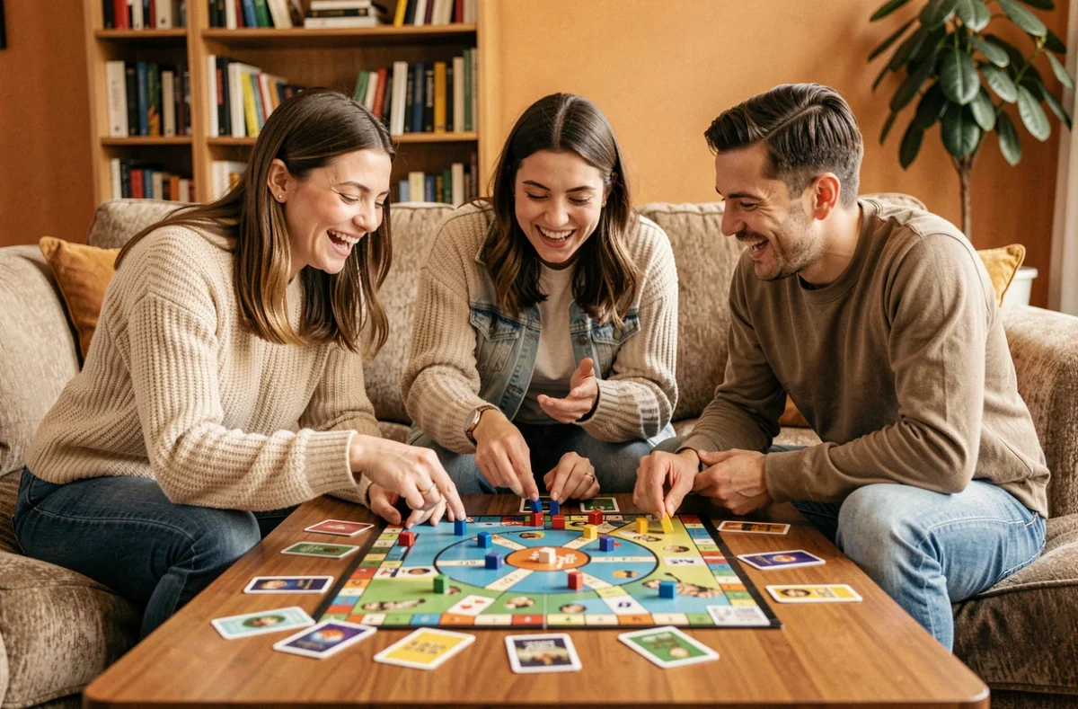 Groupe d'amis adultes jouant à un jeu de société classique autour d'une table basse dans un salon convivial