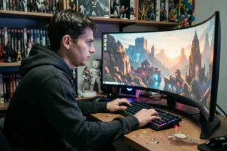 Jeune homme concentré jouant à un jeu vidéo populaire devant un grand écran incurvé dans une salle de jeu authentique