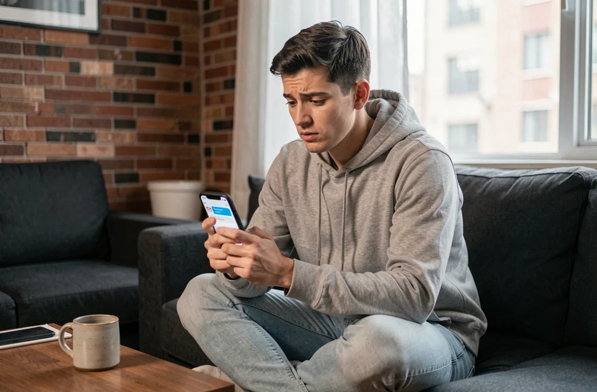 Jeune adulte vérifiant la sécurité de son compte Gmail sur smartphone dans un appartement moderne