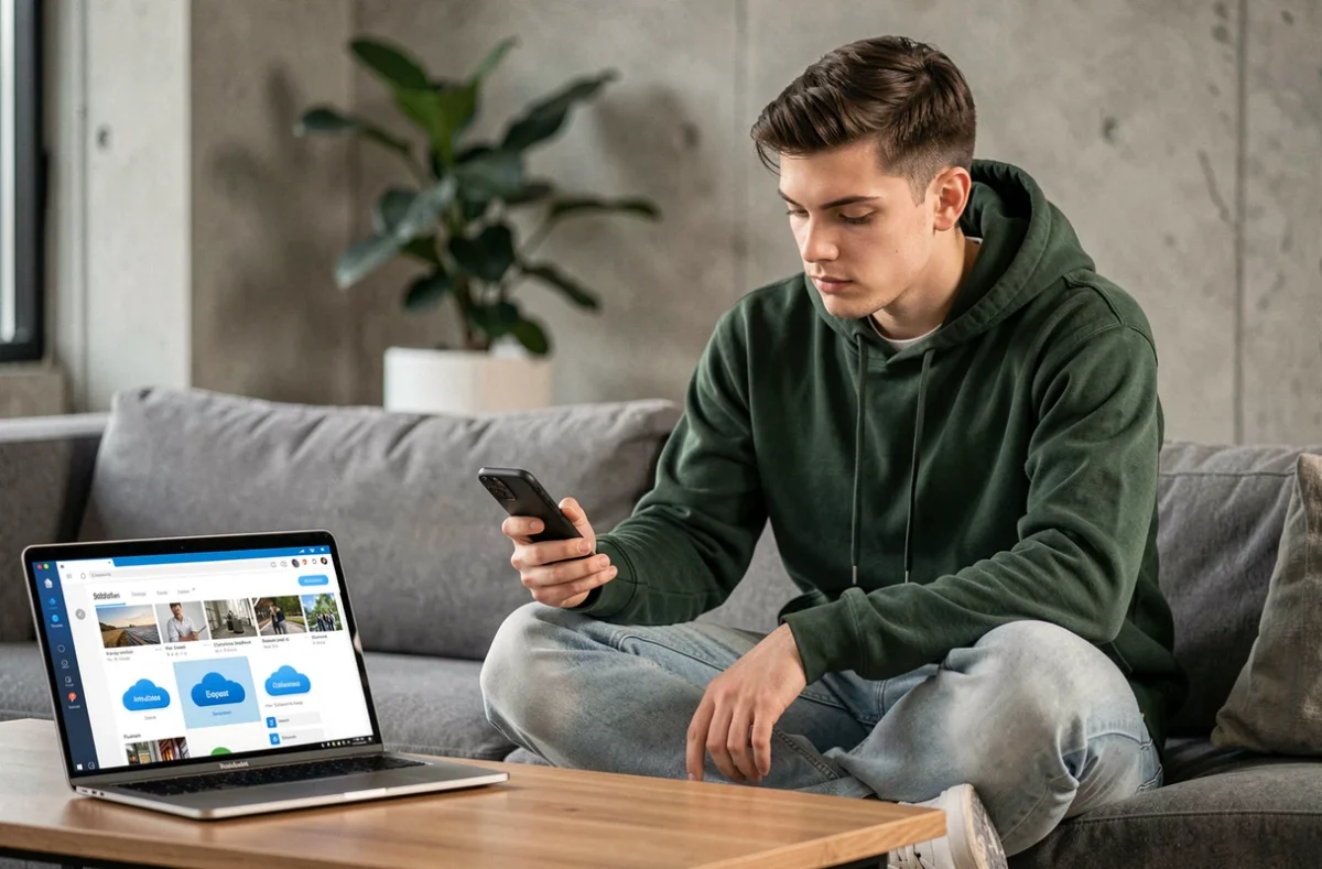Jeune adulte utilisant OneDrive sur smartphone et ordinateur depuis son salon