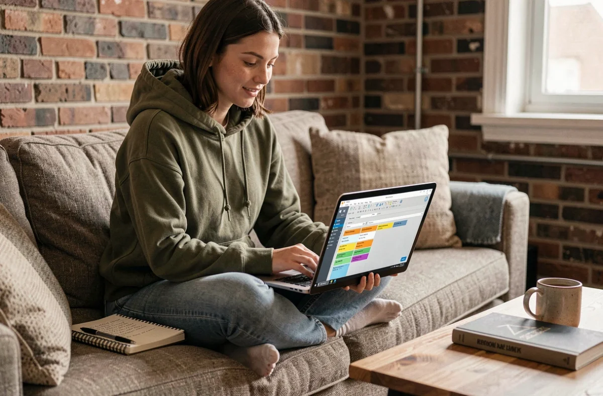 Jeune femme utilisant Microsoft Access sur un ordinateur portable dans un appartement cosy
