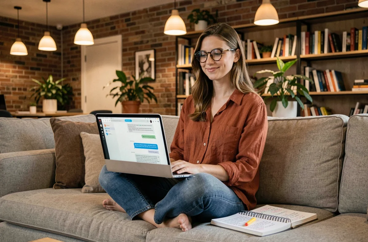 Jeune femme travaillant sur un plan marketing avec un chatbot IA depuis un espace de co-working décontracté