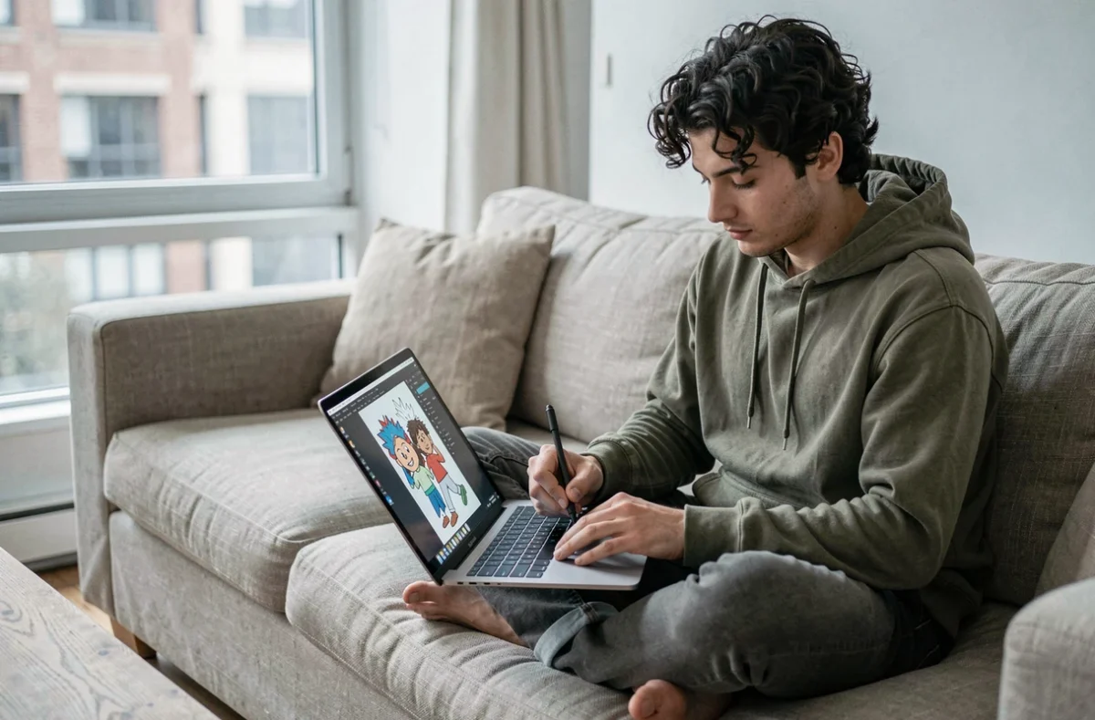 Jeune homme dessinant une illustration numérique avec un stylet sur ordinateur portable tactile dans un salon