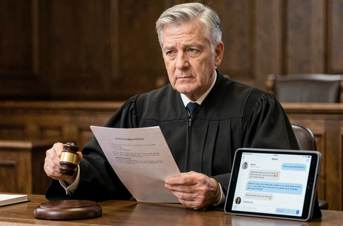 Juge en robe noire délibérant sur une affaire impliquant l'intelligence artificielle dans un tribunal