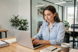 Femme utilisant Klaxoon sur un ordinateur portable dans un bureau moderne pour comparer les offres gratuites et payantes