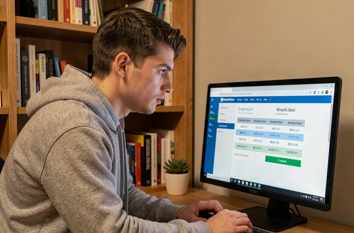 Jeune homme à domicile consultant les tarifs et l'offre gratuite de Klaxoon sur son ordinateur de bureau