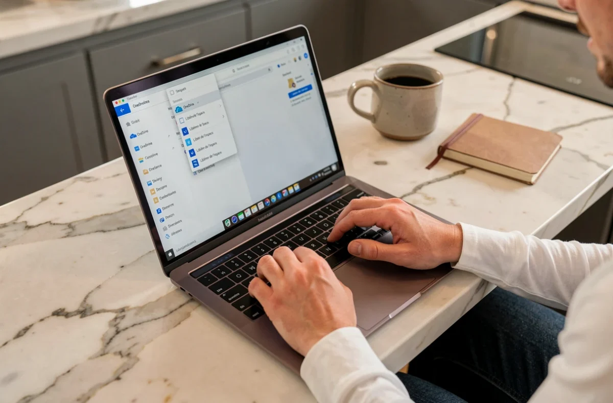 Gros plan sur les mains d'un utilisateur accédant au menu contextuel OneDrive pour libérer de l'espace disque sans supprimer les fichiers