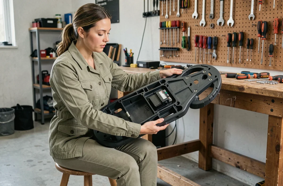 Femme dans un atelier qui examine le module contrôleur de vitesse situé sous le plateau d'une trottinette électrique démontée