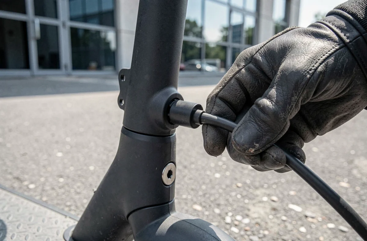 Gros plan sur un limiteur de vitesse en forme de dongle connecté au port de la colonne de direction d'une trottinette électrique