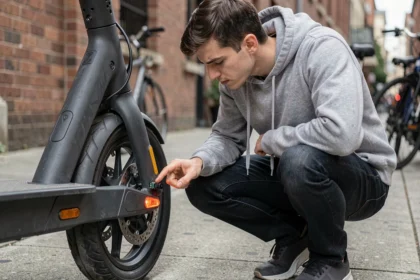 Homme accroupi qui inspecte le limiteur de vitesse situé près de la roue arrière d'une trottinette électrique en milieu urbain