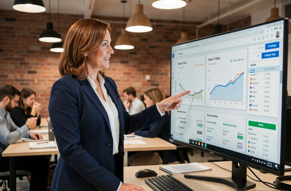 Professionnelle expliquant les meilleures formations SEO gratuites devant un tableau de bord analytics