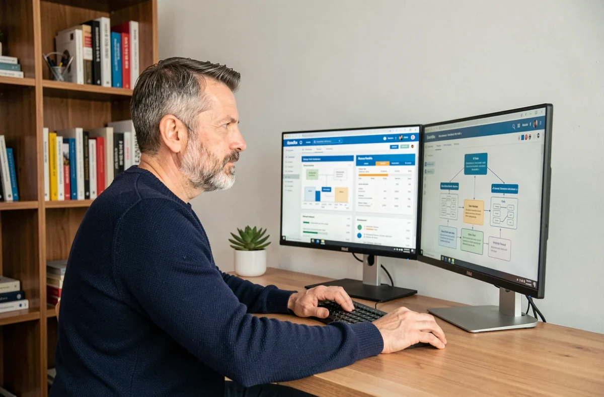 Homme consultant des tableaux de bord analytiques et des wireframes UX sur deux écrans pour optimiser un site web