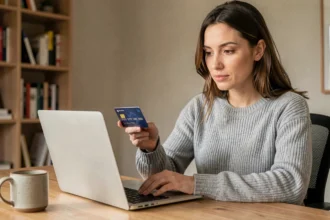 Femme effectuant un paiement sécurisé en ligne avec une carte bancaire sur son ordinateur portable à domicile