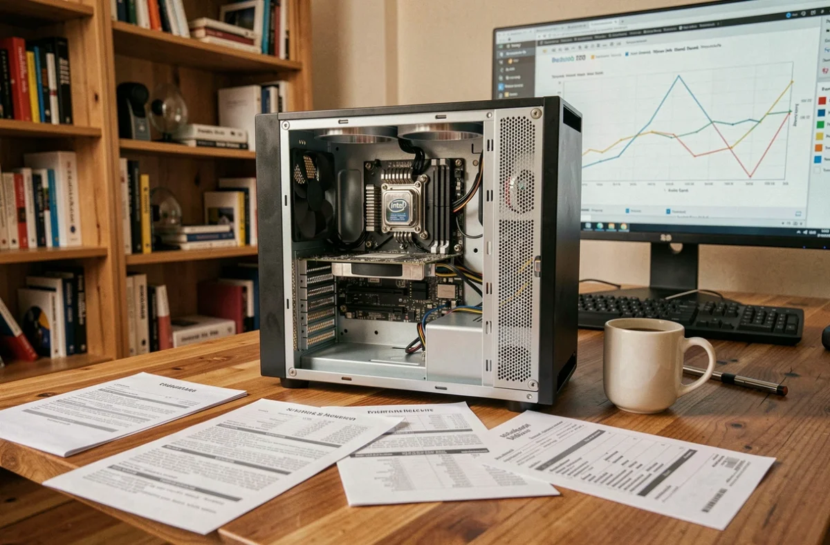 PC ouvert avec processeur Intel visible sur un bureau de home office moderne