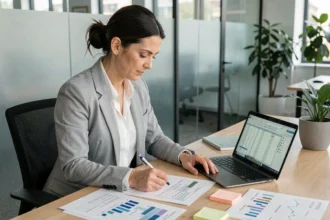Analyste de données femme annotant un plan d'analyse sur des documents imprimés dans un bureau moderne
