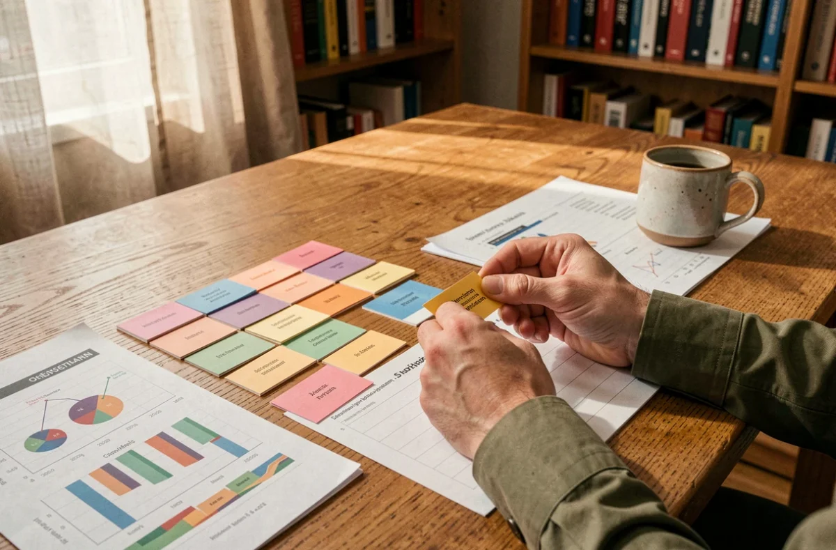 Vue de dessus des mains organisant des fiches et documents pour construire un plan d'analyse de données sur un bureau en bois