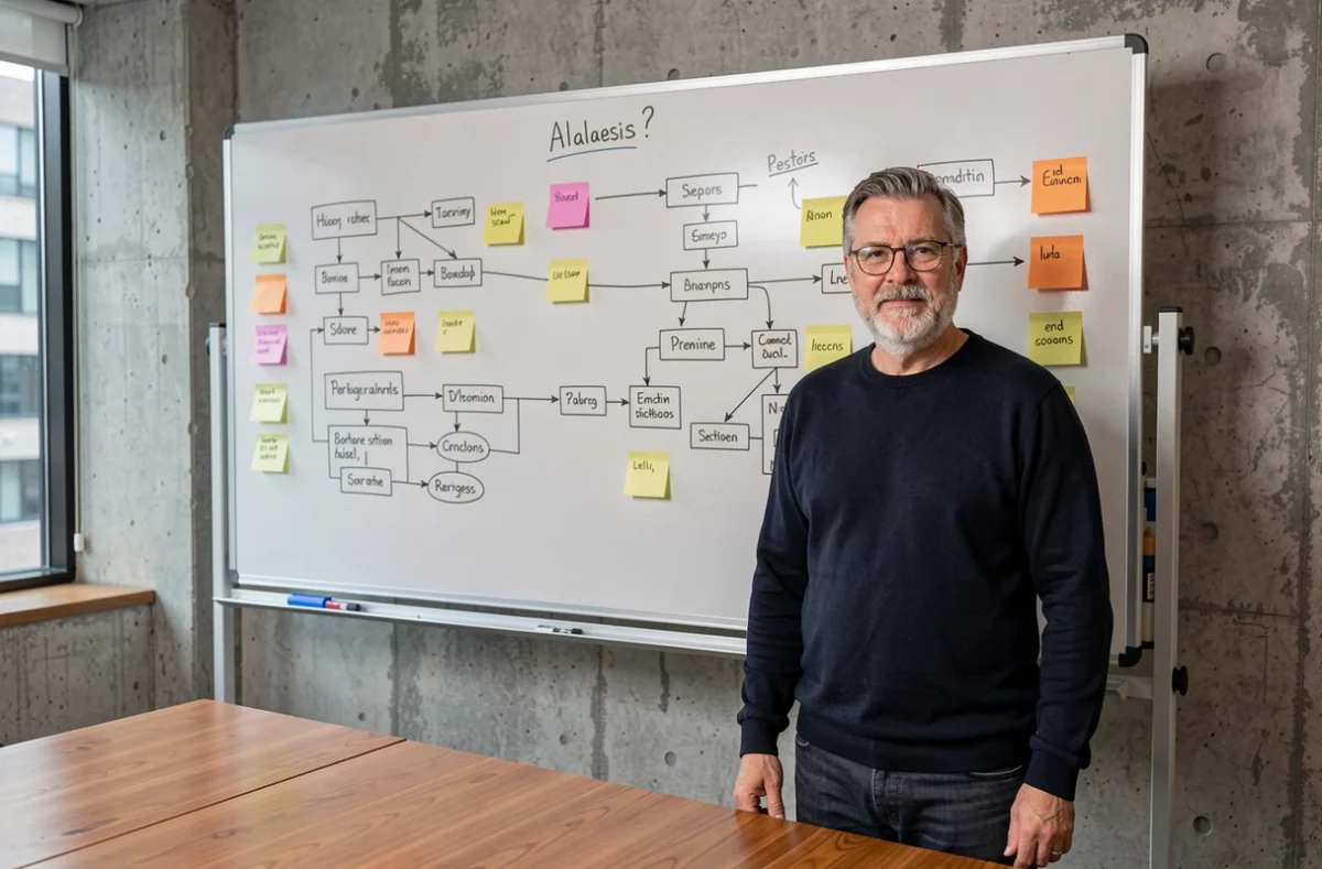 Homme debout devant un tableau blanc avec des diagrammes de plan d'analyse de données dans une salle de réunion