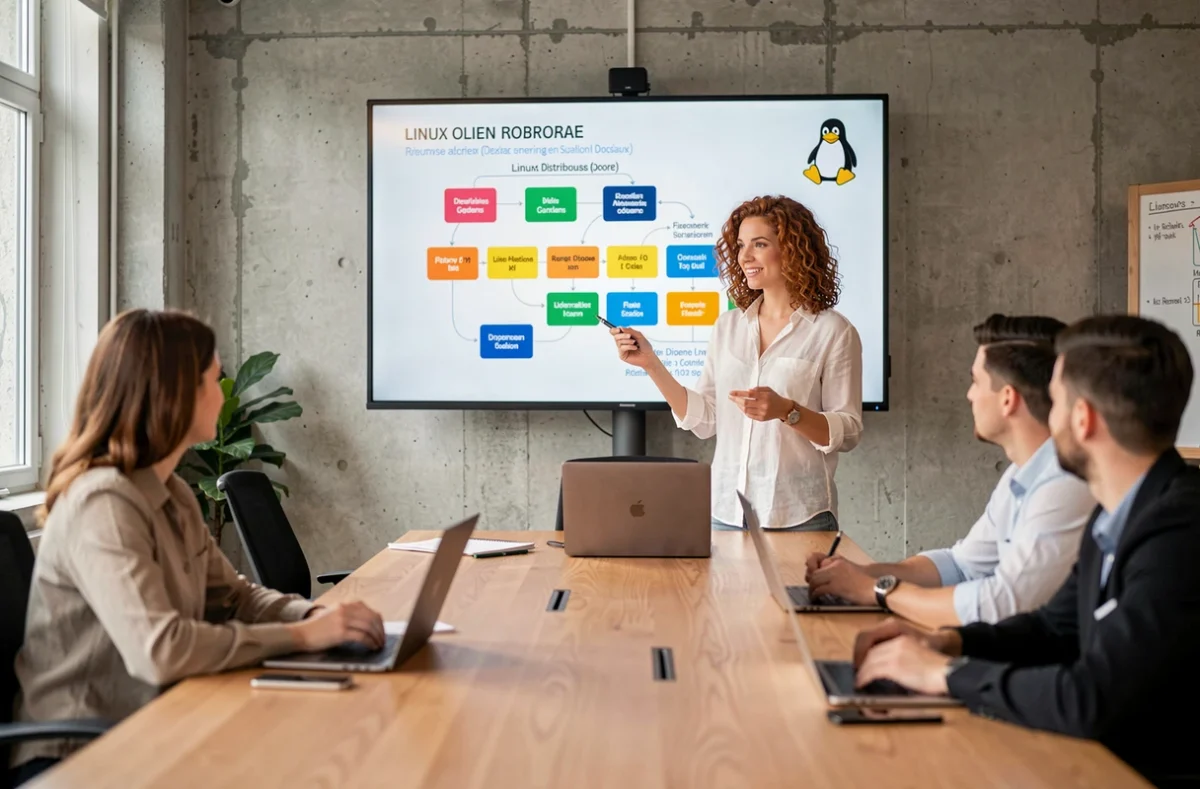 Présentation de la feuille de route Linux open source lors d'une réunion d'équipe dans une startup technologique