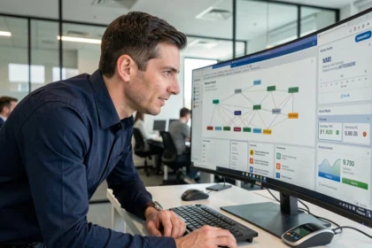 Professionnel en cybersécurité analysant un tableau de bord réseau Zero Trust sur un grand écran dans un bureau moderne