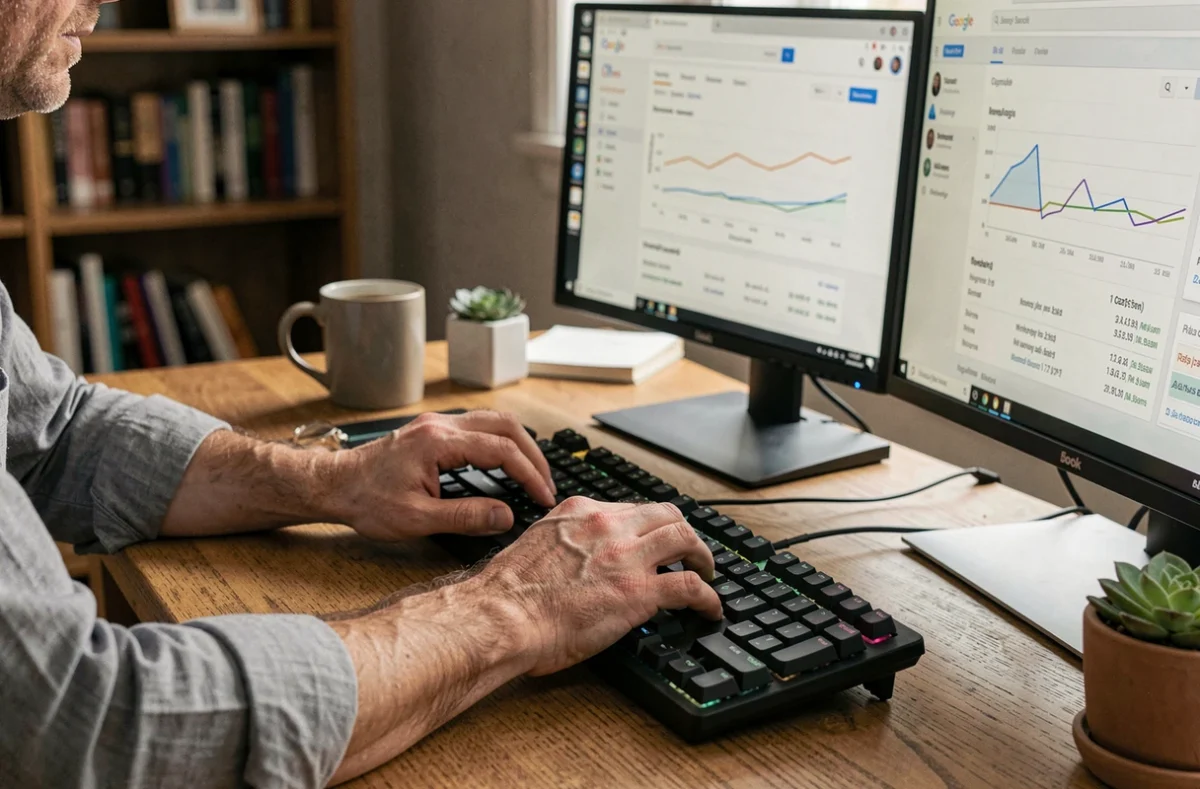 Mains d'un professionnel travaillant sur Google Search Console pour comprendre l'algorithme SEO de Google