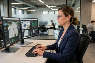 Professionnelle de la cybersécurité analysant des tableaux de bord de sécurité informatique sur deux écrans dans un bureau moderne
