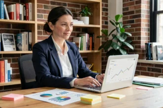 Une professionnelle du SEO analyse des rapports d'autorité de domaine sur son bureau avec un laptop affichant des graphiques de métriques web