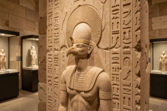 Relief en pierre représentant Ra, dieu solaire égyptien à tête de faucon couronné du disque solaire, exposé dans un musée