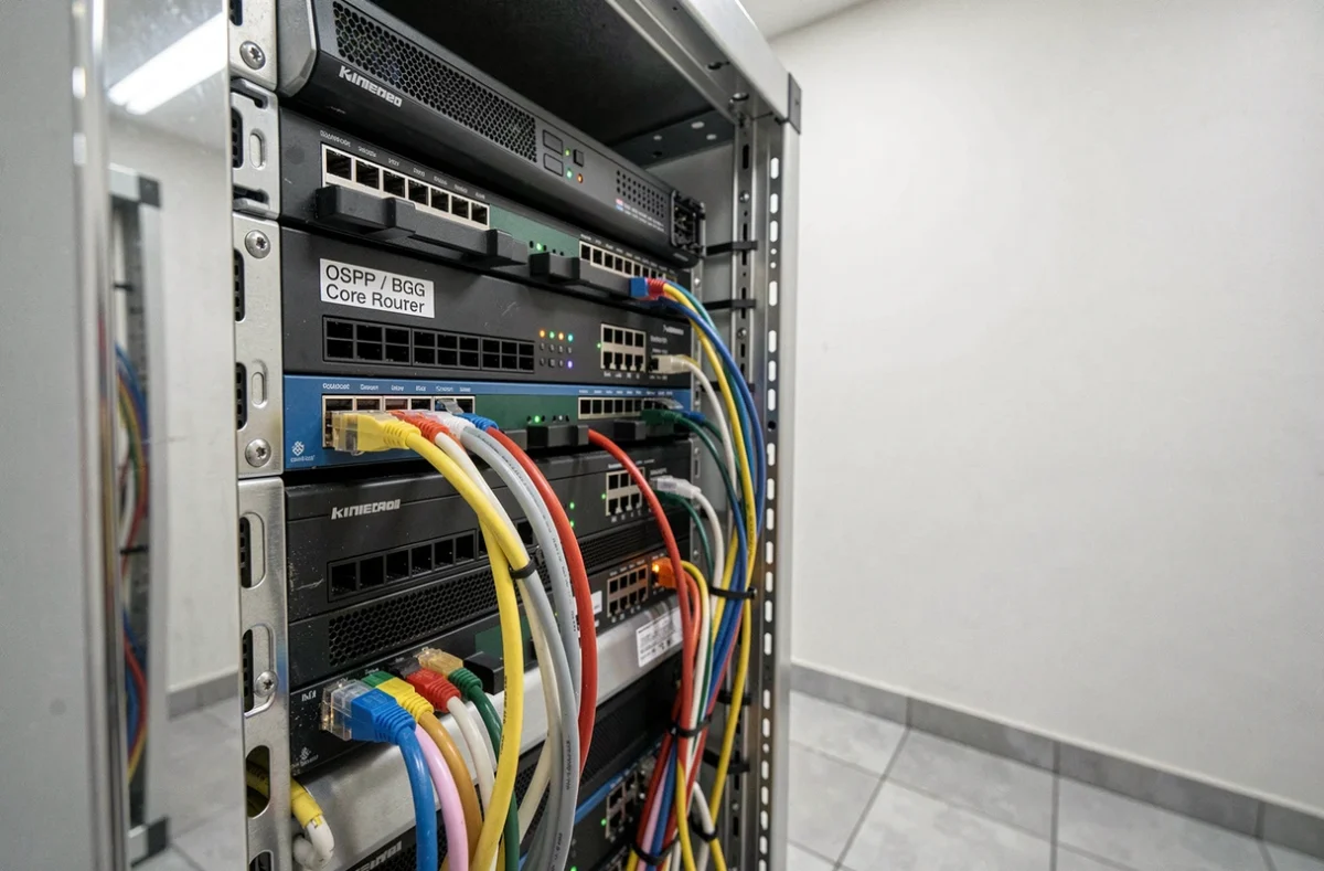 Routeur et commutateur réseau dans un rack de serveur avec des câbles Ethernet organisés et des étiquettes de protocole de routage