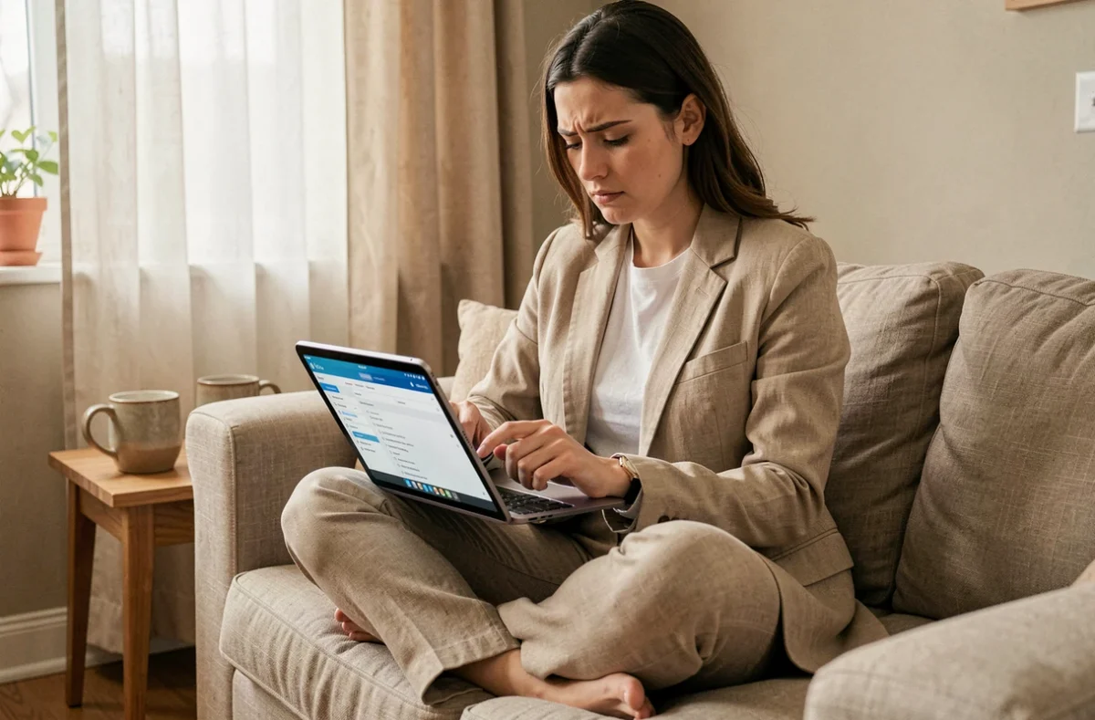 Jeune femme consultant un outil de recherche de mots clés sur une tablette dans un salon cosy