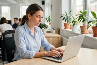 Femme professionnelle rédigeant un email attractif sur son ordinateur portable dans un bureau moderne