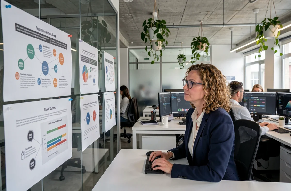 Professionnelle analysant les cadres réglementaires de l'intelligence artificielle en entreprise technologique