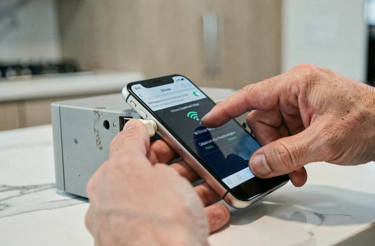 Gros plan sur les mains d'un homme réinitialisant un routeur Wi-Fi et consultant les paramètres de sécurité sur smartphone