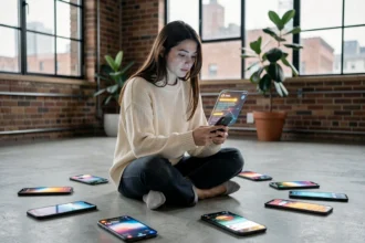 Jeune femme contemplant des interfaces de réseaux sociaux futuristes sur smartphones dans un loft urbain moderne