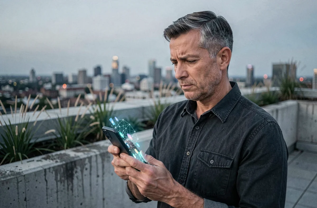 Homme réfléchissant à l'avenir des réseaux sociaux sur smartphone depuis une terrasse urbaine avec vue sur la ville