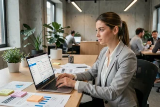 Responsable SEO féminine analysant des données de référencement naturel sur un tableau de bord digital dans un bureau moderne