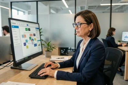Responsable de traitement de données analysant des tableaux de bord de conformité RGPD sur un écran dans un bureau moderne