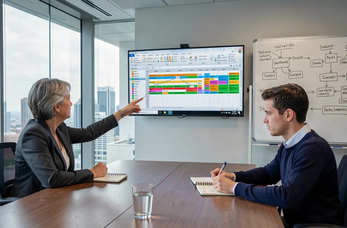 Réunion professionnelle autour d'une base de données Microsoft Access dans une salle de conférence moderne