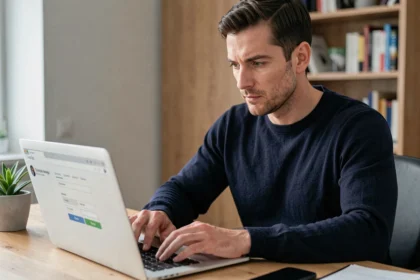 Homme concentré sécurisant son ordinateur portable dans un bureau à domicile moderne