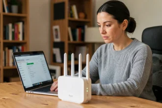 Femme configurant les paramètres de sécurité de son réseau Wi-Fi sur un ordinateur portable à la maison