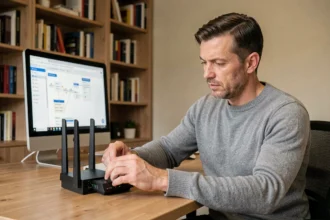 Homme configurant un routeur Wi-Fi pour sécuriser son réseau domestique