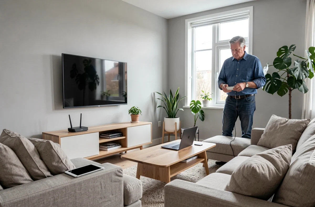 Vue d'ensemble d'un salon connecté avec routeur Wi-Fi et appareils multiples, illustrant la sécurisation d'un réseau domestique