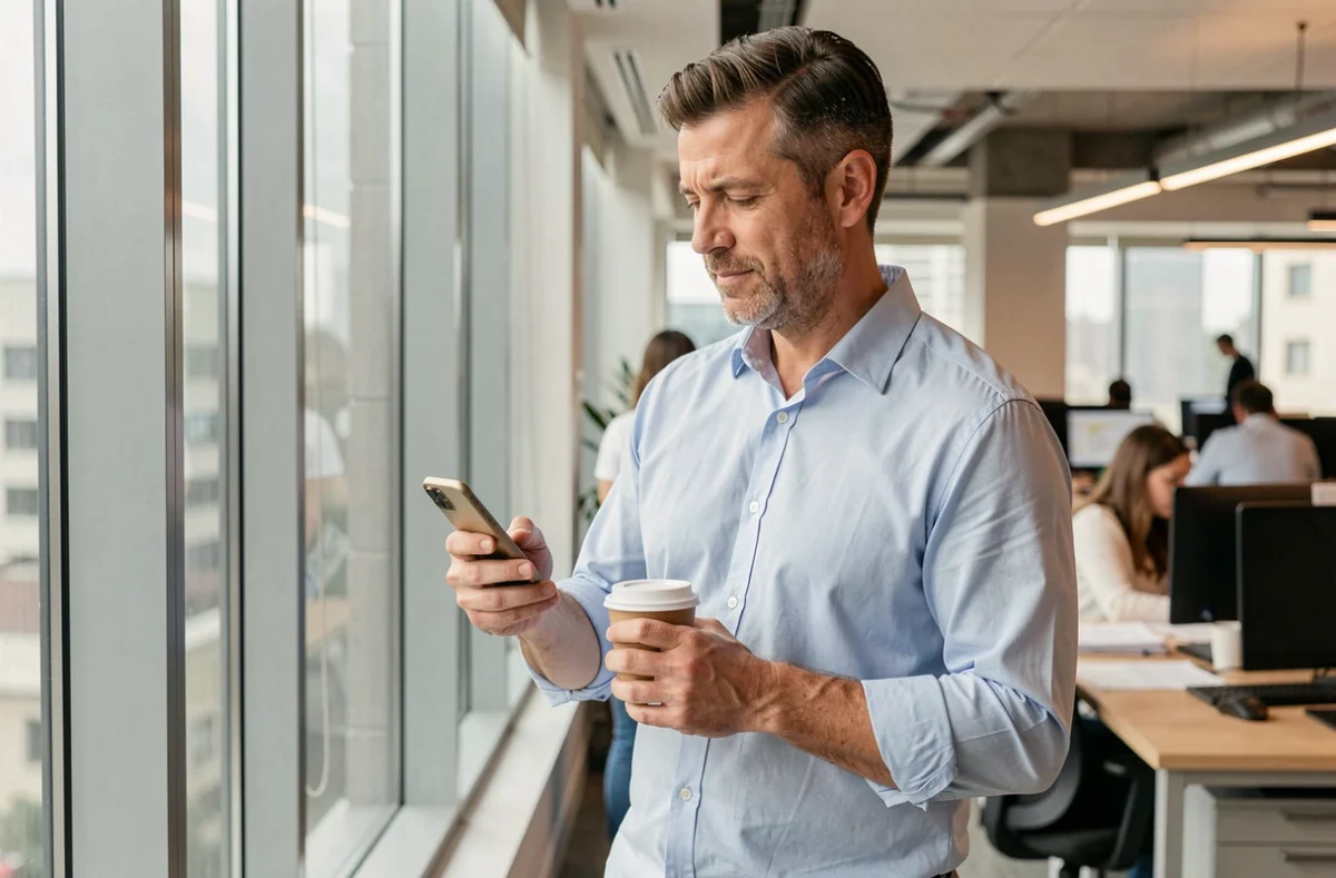 Homme professionnel sélectionnant plusieurs destinataires sur son téléphone dans un bureau moderne