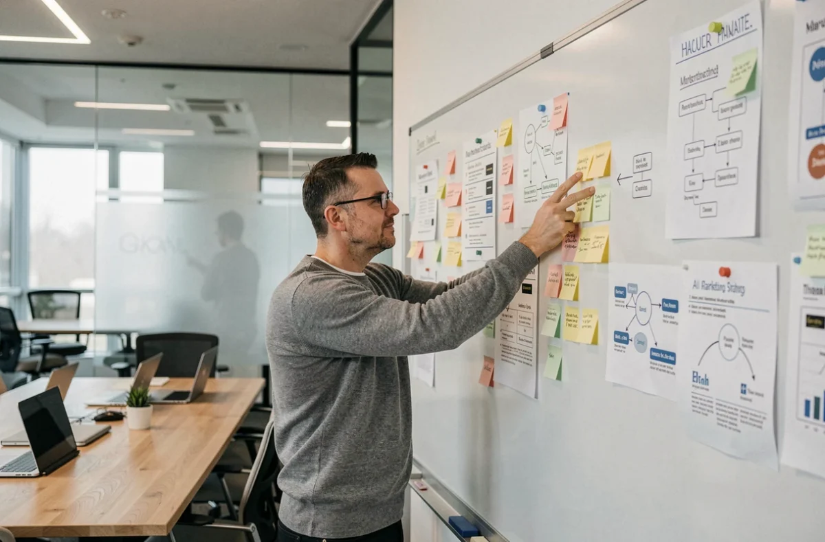 Un responsable marketing présente une stratégie d'intelligence artificielle sur un tableau blanc dans une salle de réunion de startup