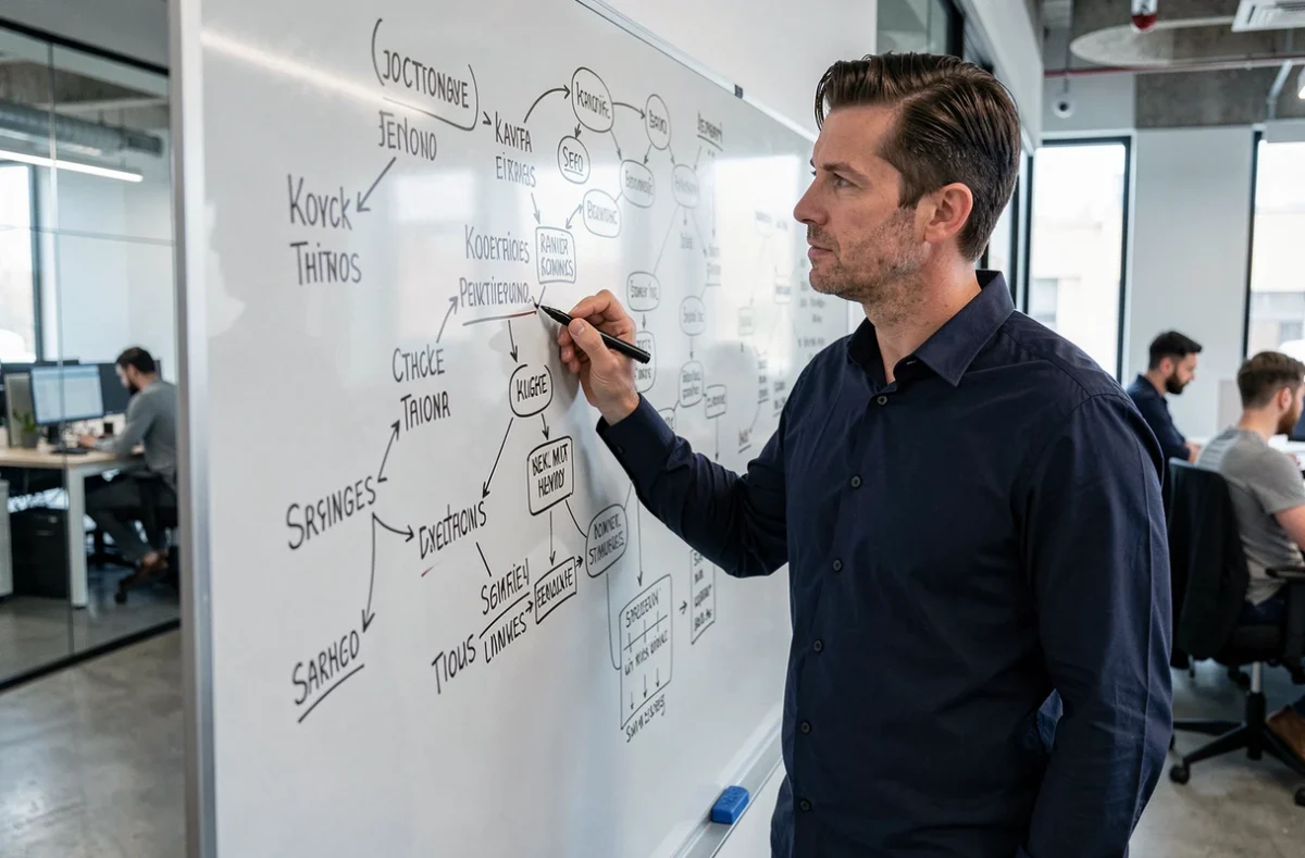 Homme présentant une stratégie d'optimisation de mots clés sur un tableau blanc dans un bureau professionnel
