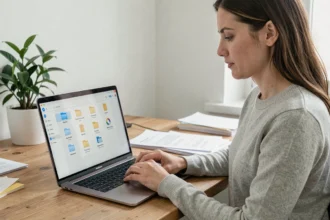 Femme utilisant OneDrive sur son ordinateur portable pour gérer et supprimer des fichiers cloud sans affecter son PC
