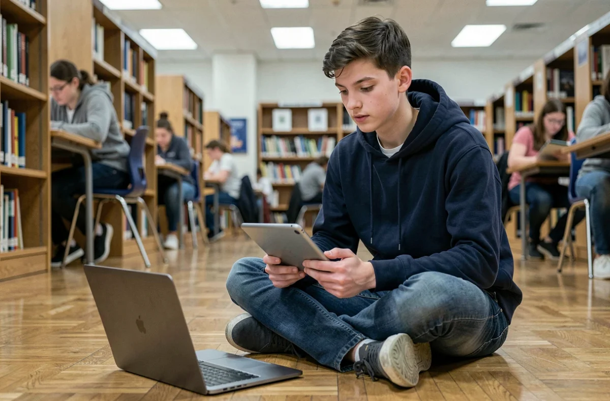 Adolescent assis dans une bibliothèque scolaire tenant une tablette numérique et consultant un ordinateur portable posé sur le sol